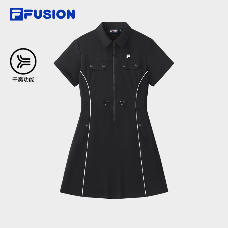 FILA FUSION斐樂潮牌女子連衣裙2025夏新款時尚休閑寬松翻領裙子 正黑色-BK M 165/84A/M