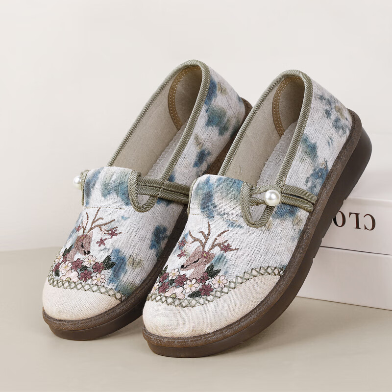意迪森2025春季新款老北京布鞋女士百搭防滑绣花鞋懒人一脚蹬平底妈妈鞋 灰色 34 (220mm)