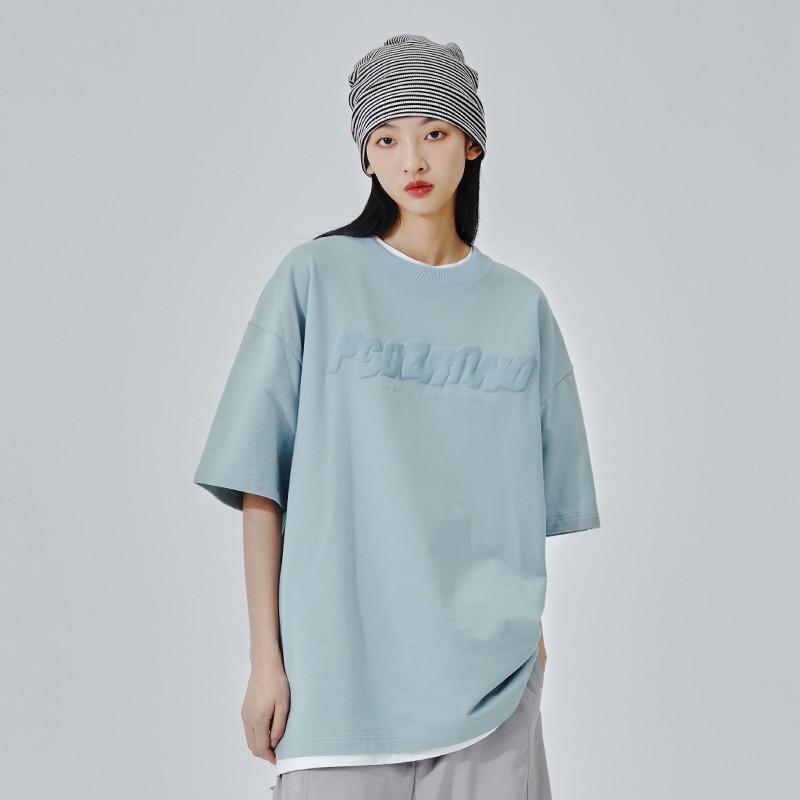 pso brand莫兰迪色系32支200克小卫衣方块logo发泡印花短袖t恤男 迷雾