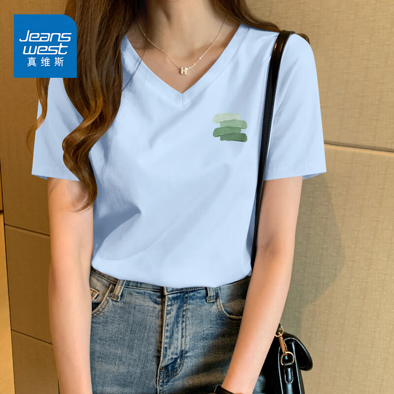 真维斯（JEANSWEST）短袖t恤女夏季2025新款正肩设计感小众半袖上衣女装纯棉V领体恤女 天蓝 油画绿_K XL