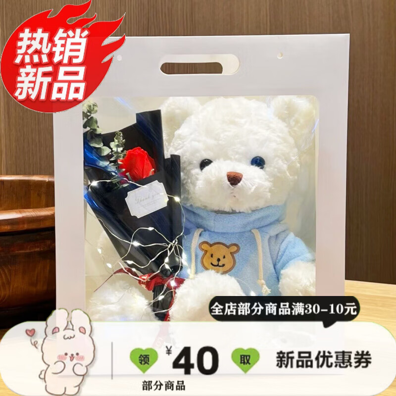 生日禮物女生實(shí)用閨蜜女友玩偶花束走心情侶永生花情人節(jié)禮物 30cm藍(lán)衛(wèi)衣+禮袋+串燈