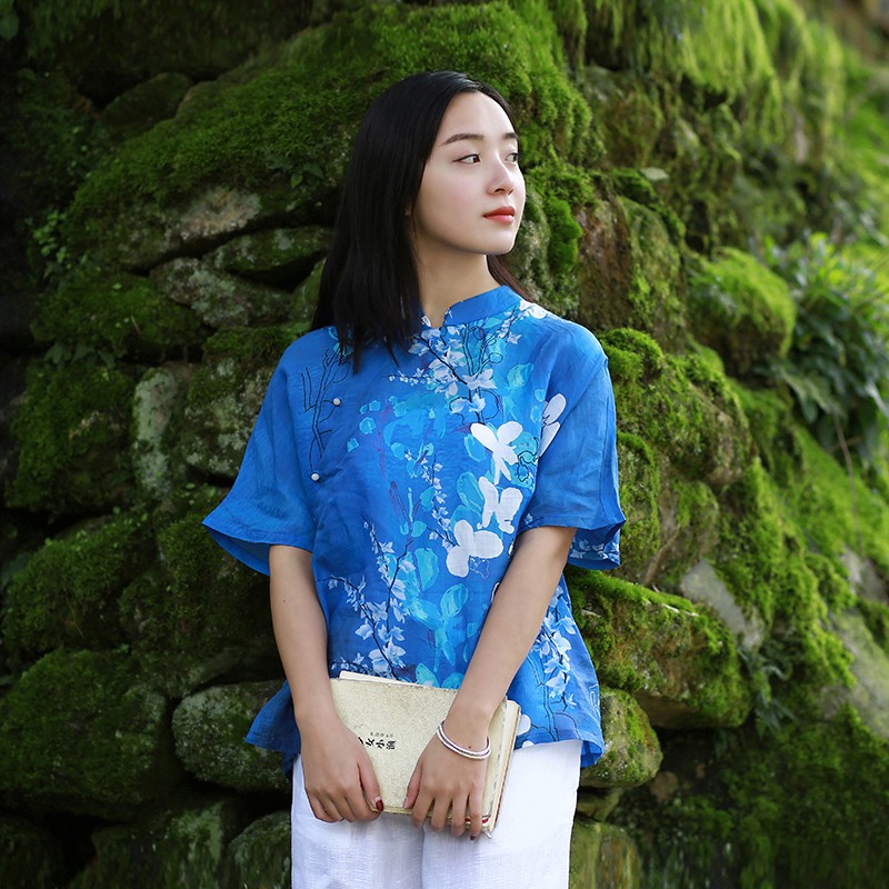 乱在江南棉麻上衣女夏短款新品中式唐装薄款文艺复古民国风衬衫 蓝色