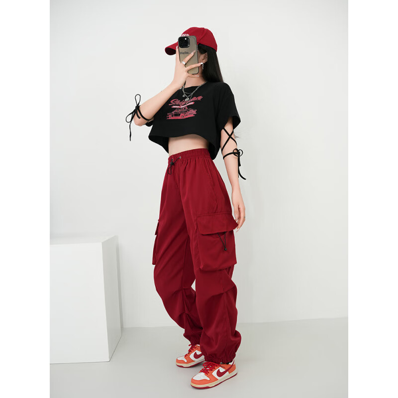 秀絲路女團(tuán)kpop打歌服舞蹈服爵士舞蹈運(yùn)動(dòng)套裝跳jazz表演出服工裝褲打歌 315黑色上衣+1083酒紅褲子 XL