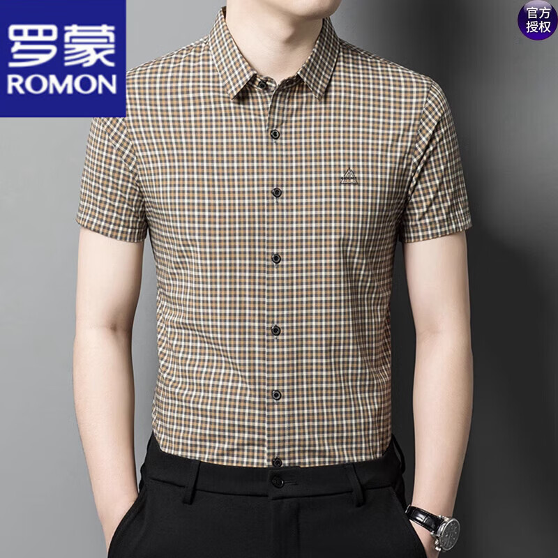 羅蒙（ROMON）桑蠶絲短袖襯衫男時(shí)尚新款格子男士上衣夏季休閑免燙真絲薄款寸衣 Z2616款卡其 L 170