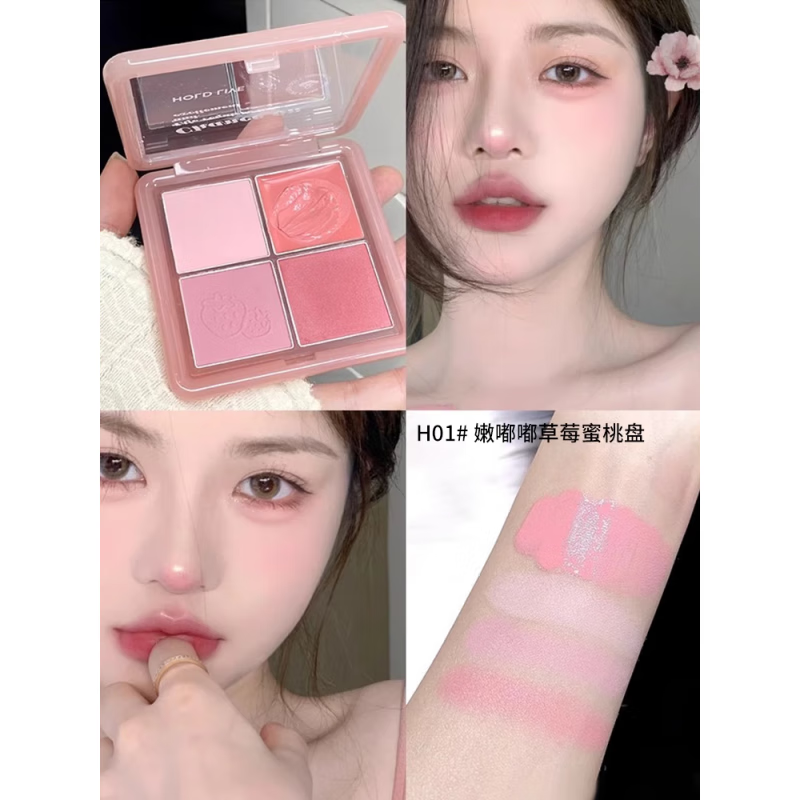 HOLD LIVE小粉凍腮紅粉霧四色腮紅膏腮紫膨脹多色盤修容holdlive H01 嫩嘟嘟草莓蜜桃盤