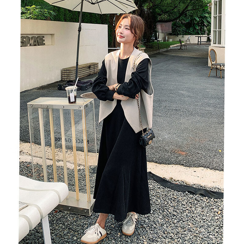 凱姿兔秋季顯瘦馬甲連衣裙兩件套氣質(zhì)長裙子女 套裝 S 80-105