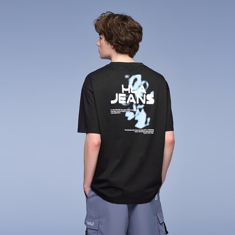 HLA海澜之家旗下黑鲸后背印花短袖T恤男25夏季圆领套头衫短t男