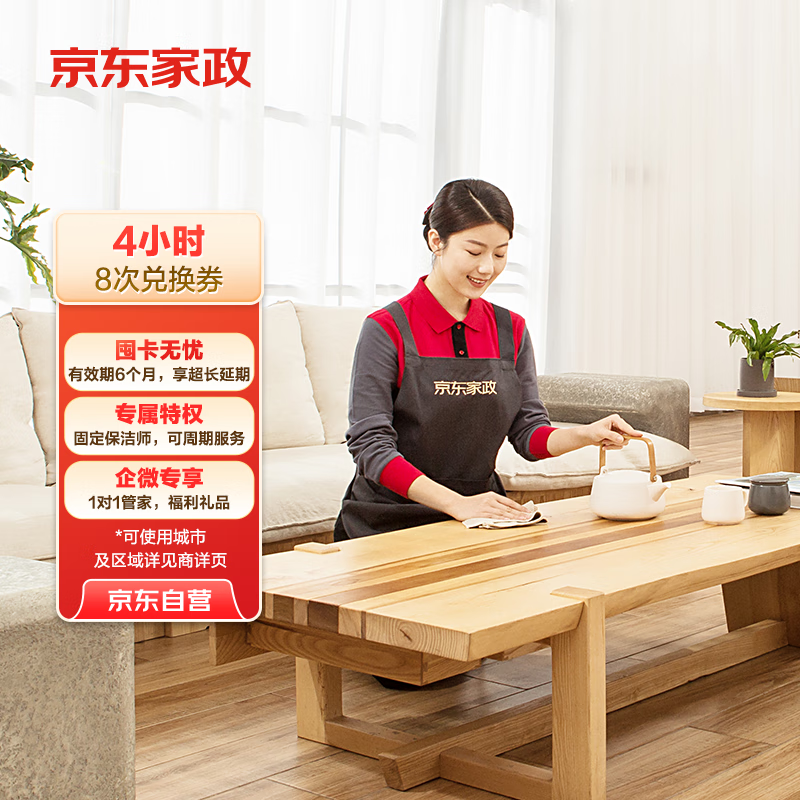 京东家政4小时日常保洁8次兑换券 全屋保洁服务 上门清洁 可使用地区见商详页