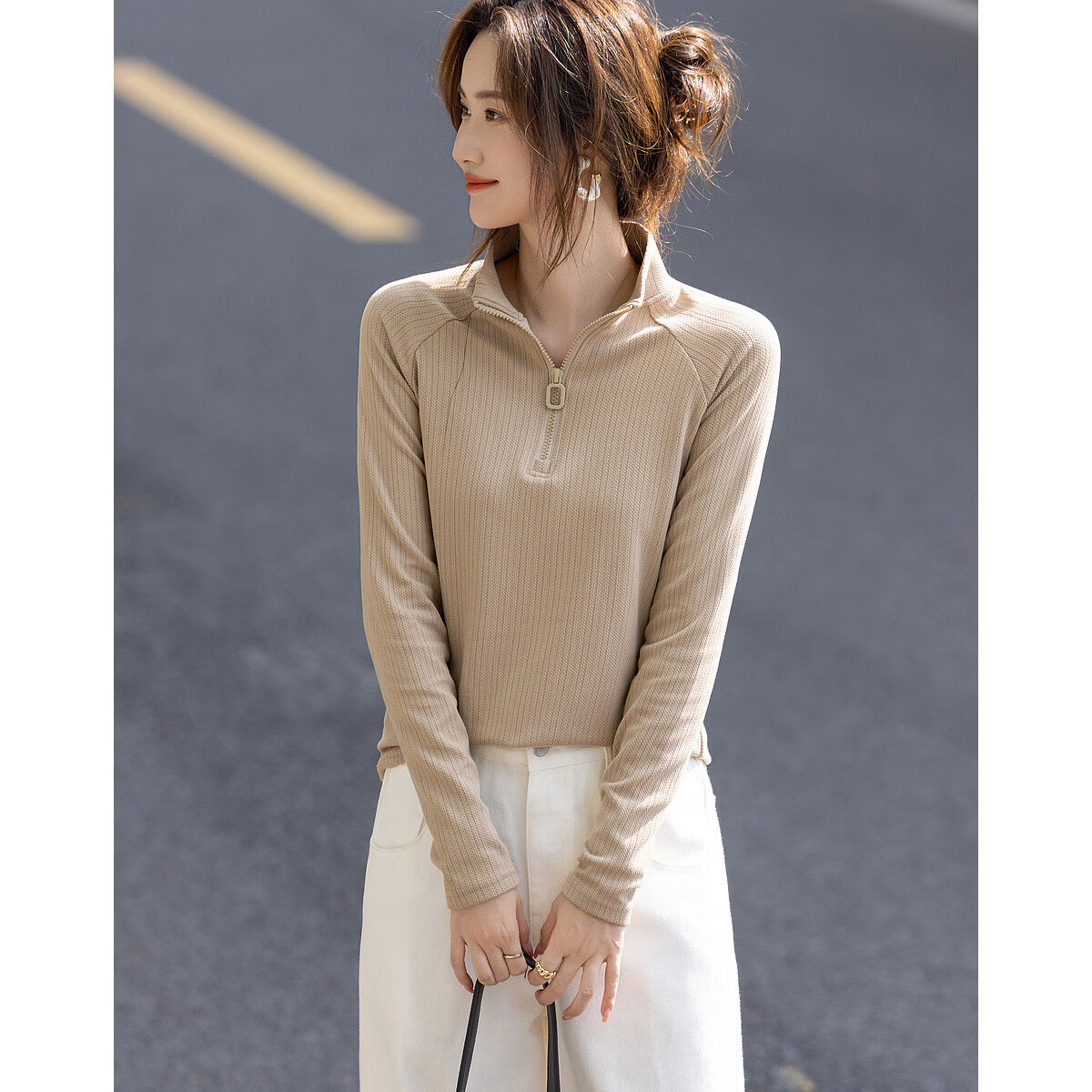 德玛纳【韩里韩气】秋私藏打工人穿搭立领长袖舒适遮肉休闲女式t恤