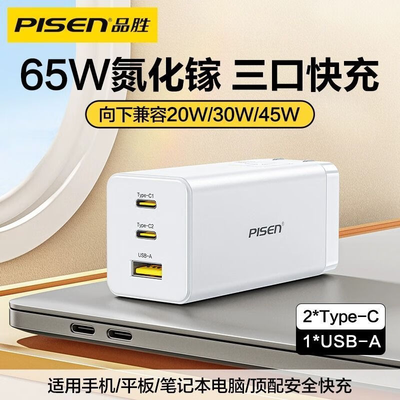 品胜（pisen）品胜65W氮化镓充电器PD快充头iPhone15pro适用苹果 65W氮化镓快充 套装天空蓝充电器双C线1.2米