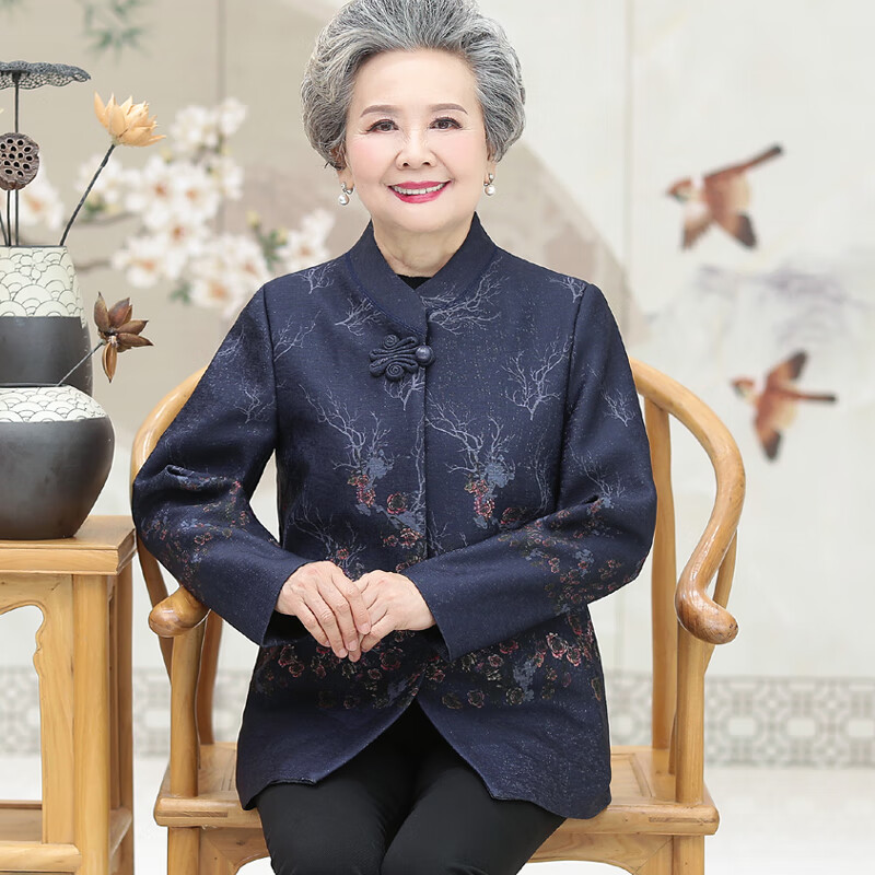 蜜芝悅媽媽裝春秋外套中老年女裝奶奶薄開(kāi)衫上衣60歲70老太太老年人衣服 282藏青單件上衣 3XL 建議125-135斤