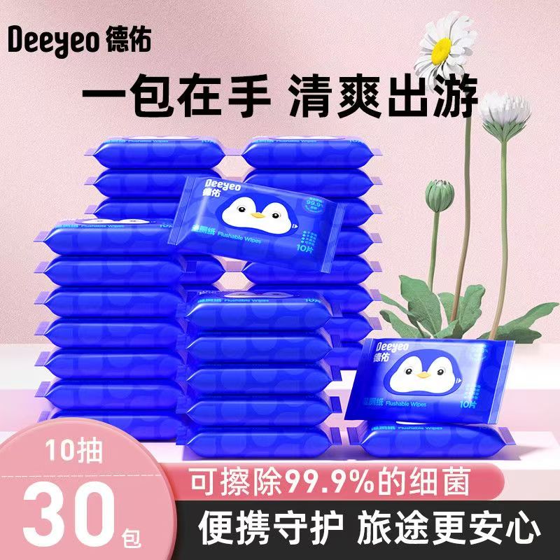德佑湿厕纸便携小包湿巾男女通用擦屁股专用湿纸巾10抽每包可冲散 便携装 10片*30包 【共300片】