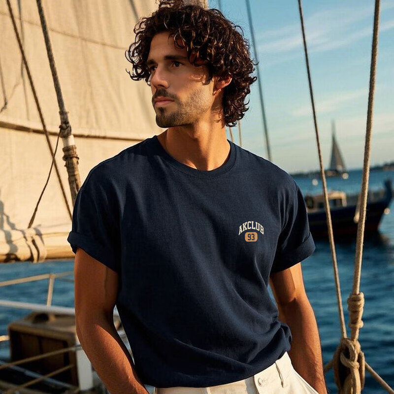 AKCLUB25新款复古印花圆领T恤男短袖男士t恤小落肩版形AK男装2500210 藏蓝色 L