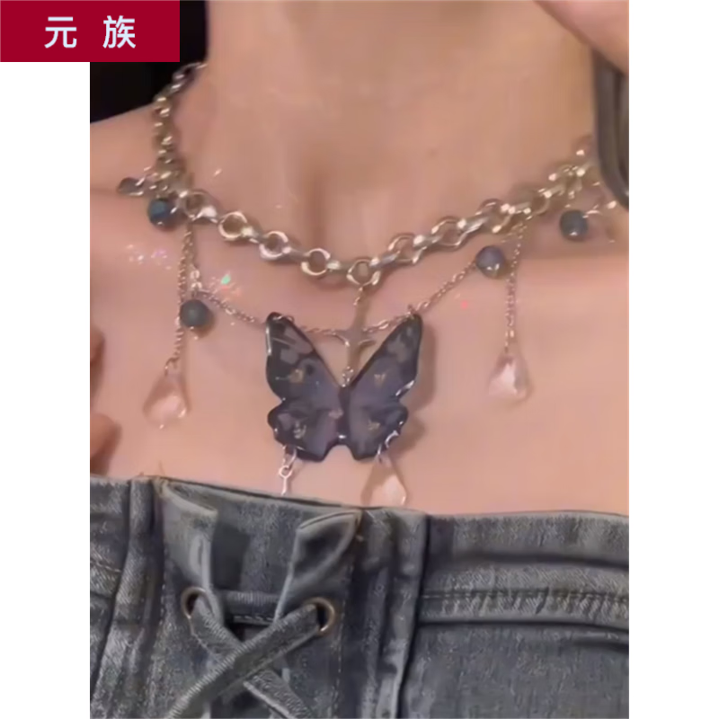 元族蓝色蝴蝶流苏项链百搭重工2小众项圈朋克锁骨链时尚项链 蓝色蝴蝶流苏项链