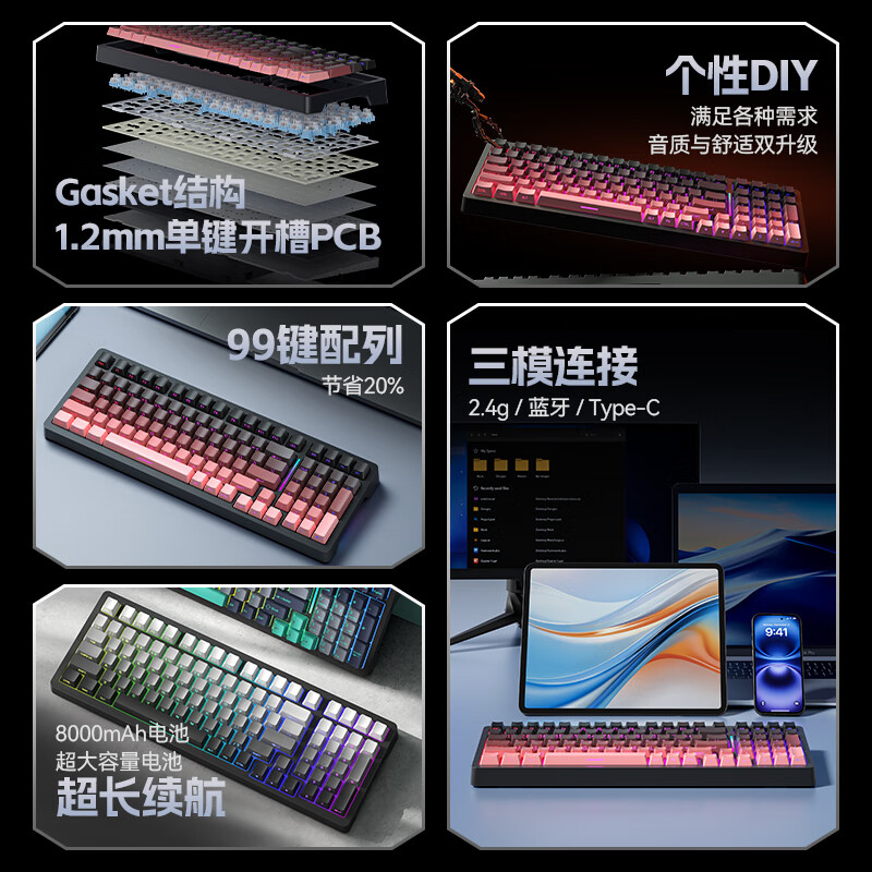 三巨SG99 三模有线/无线/蓝牙 客制化键盘 全键热插拔 机械键盘 电竞游戏 办公家用 gasket结构 SG99-暗夜玫瑰-蛋清轴 三模 99键