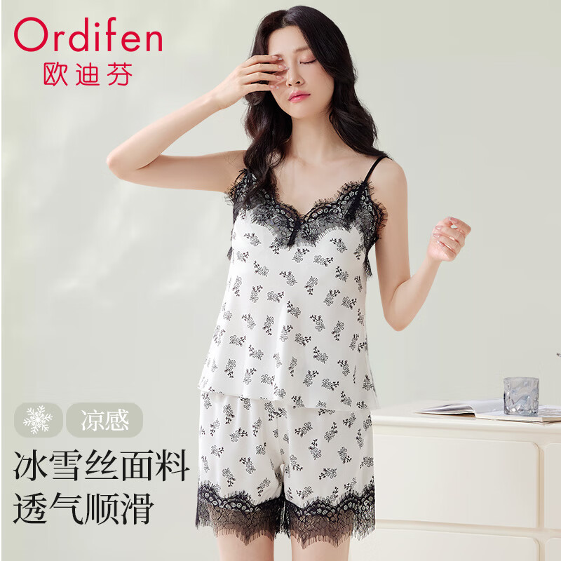 欧迪芬女士睡衣女夏季薄款纯欲蕾丝边性感吊带短裤家居服套装 米白 L