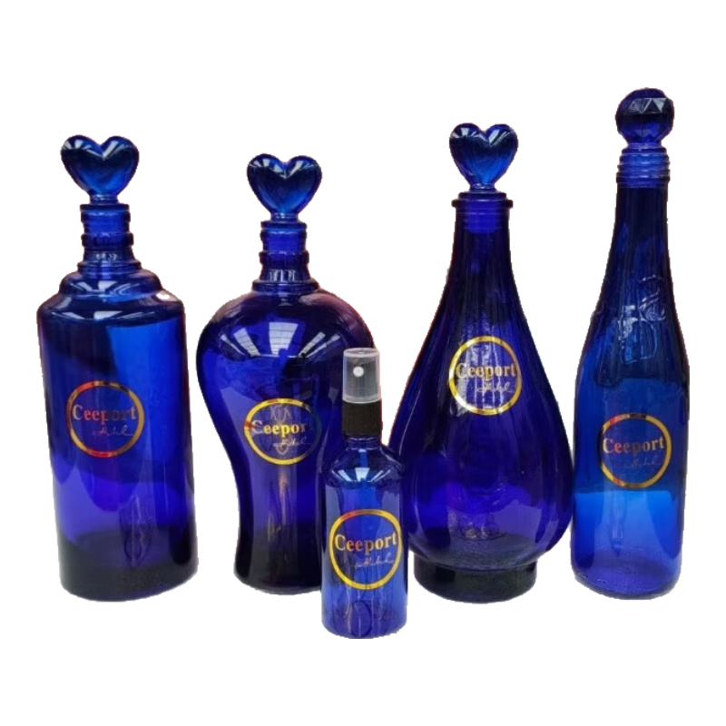 萊麗夫藍(lán)色太陽水清理瓶玻璃瓶大容量零極限ceeport能量瓶水瓶玻璃杯 4件套心形蓋子