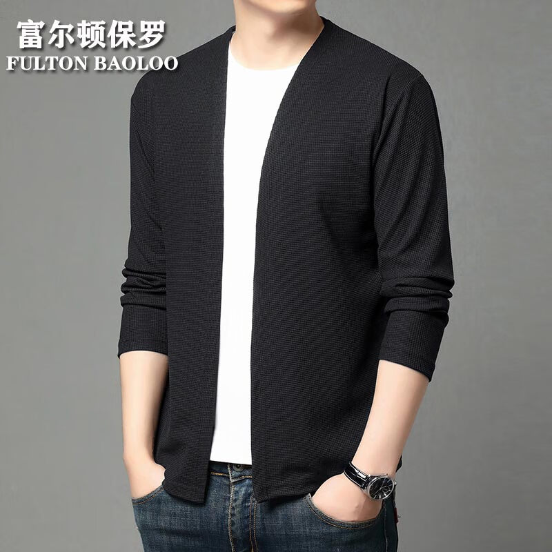 FULTON BAOLOO 富尔顿保罗男士开衫2025年春秋季纯色简约外套男装中青年时尚休闲百搭毛衣服 黑色 M (165) (建议100到120斤穿)