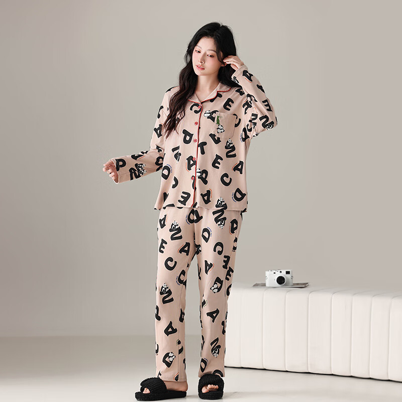绮瑞新款春秋季情侣家居服纯棉开衫长袖卡通字母休闲全棉青年睡衣套装 咖啡女款 XL