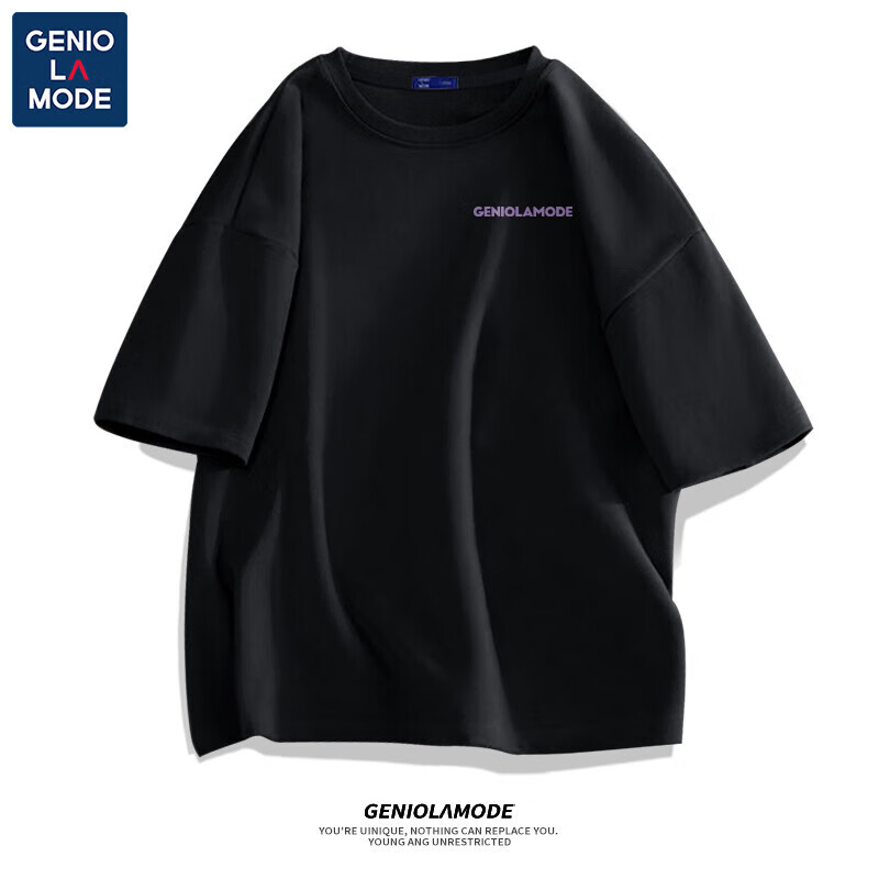 GENIOLAMODE短袖t恤男2025夏季新款寬松圓領(lǐng)印花潮流百搭學(xué)生打底衫 黑 XL