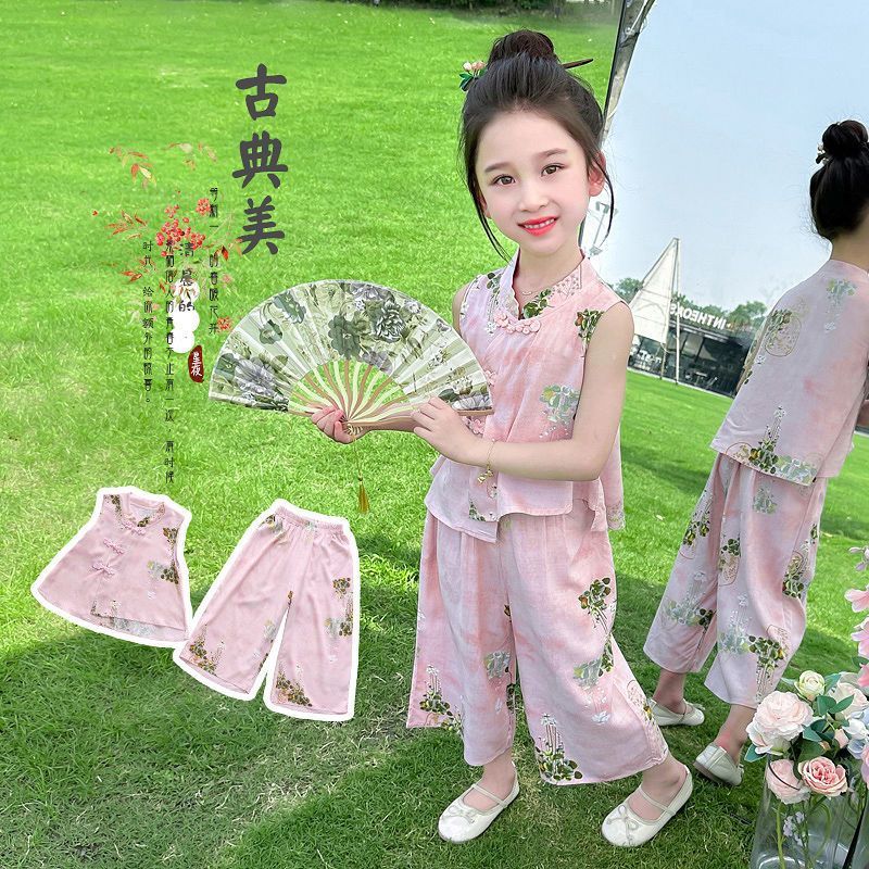 G.duck童装女童中式国风套装2026新款儿童夏季汉服洋气宝宝两件套夏装 粉色-套装 120 码(身高100-110cm)