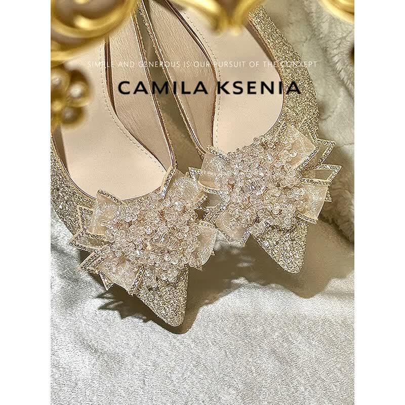 CAMILA KSENIA高跟鞋女士2026新款夏季休闲粗跟新娘不累脚婚鞋气质水晶鞋一脚蹬 浅金 38