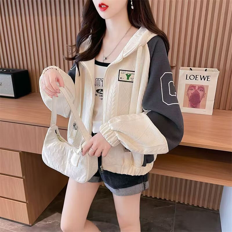 AEMAPE外套女2026春秋冬季新款撞色拼接开衫女装短款小个子短外套女 杏灰 L [建议110-130斤]