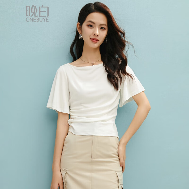 晚白【新品】2026夏款气质短袖上衣休闲百搭收腰捏褶显瘦t恤女 白色 M