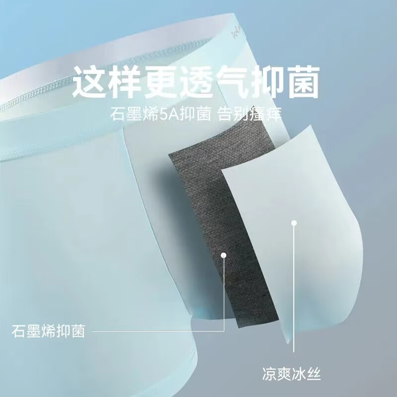 猫人男士内裤轻薄凉感透气冰丝抗菌裆平角内裤 车缝款:浅灰/浅蓝/深灰/宝蓝 4条 3XL (建议体重150-170斤)