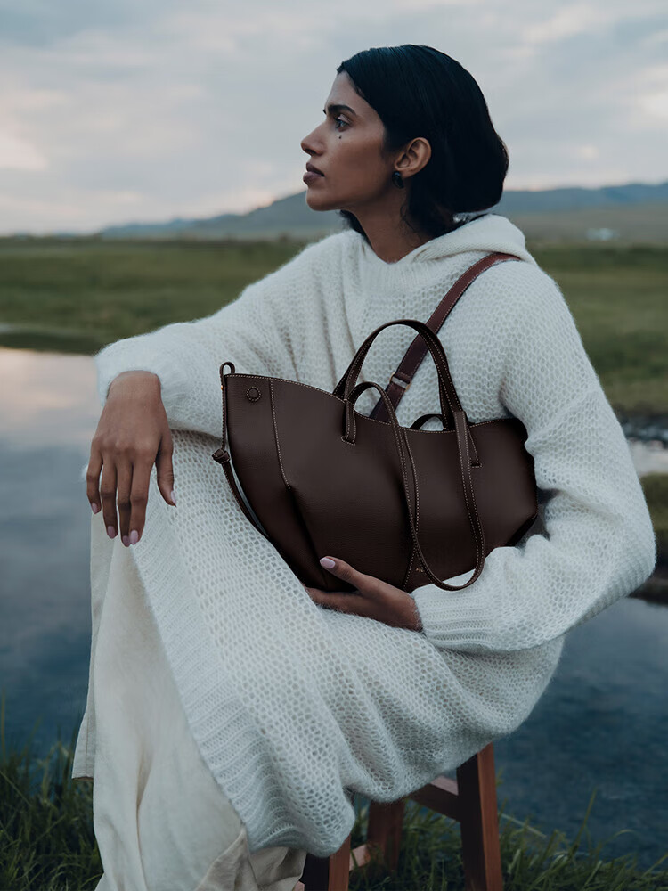 Polene波灵恩【新品】Cyme Mini 荔枝牛皮手提单肩托特包 栗色