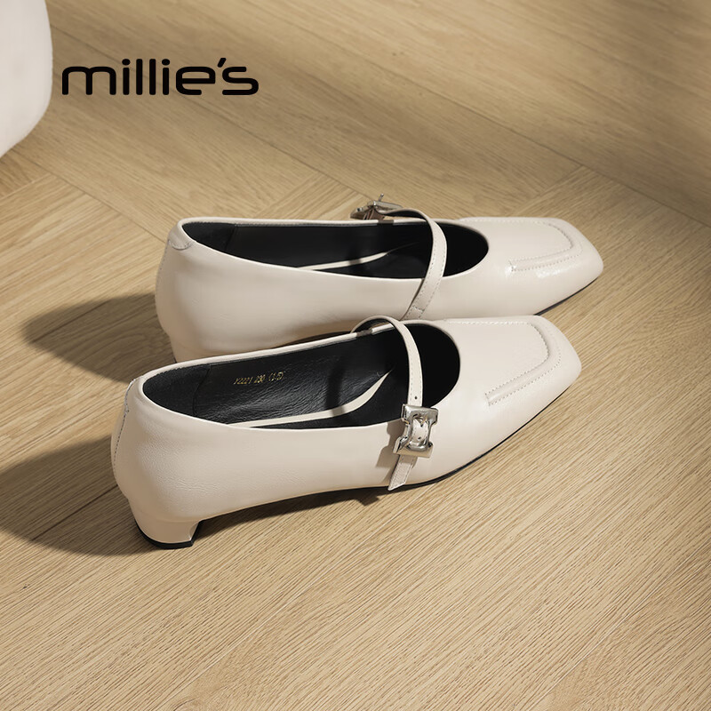 妙丽玛丽珍鞋女低跟真皮浅口时尚百搭2025夏季新款百搭通勤单鞋 米白 37 (235mm) 标准码