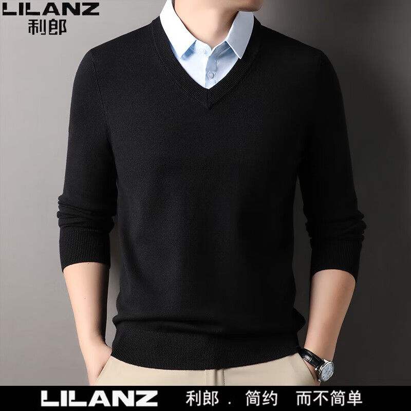 利郎男裝長袖假兩件套襯衫領(lǐng)打底厚款毛衣商務(wù)休閑針織衫上衣T恤 j017黑色 均碼 m 165(建議95-120斤)