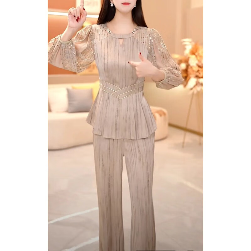 酷章吾卉冰丝缎七分袖薄款上衣阔腿裤子两件套套装女2025春夏新款妈妈 卡其色 均码 2xl125-135斤