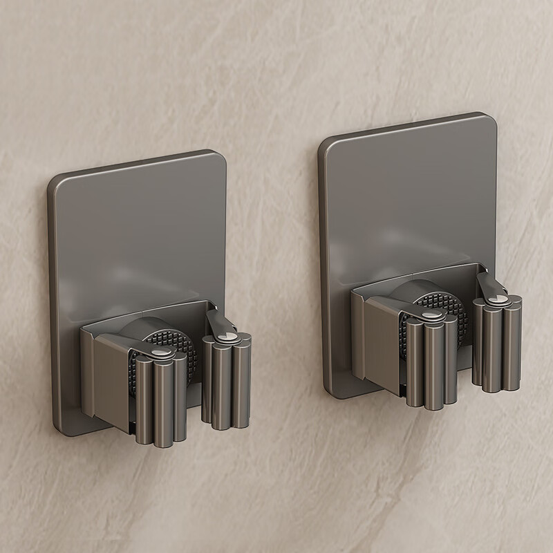 拖把挂钩免打孔壁挂卫生间收纳扫把固定器挂架强力粘胶拖布夹 304不锈钢单拖把架-枪灰色*2