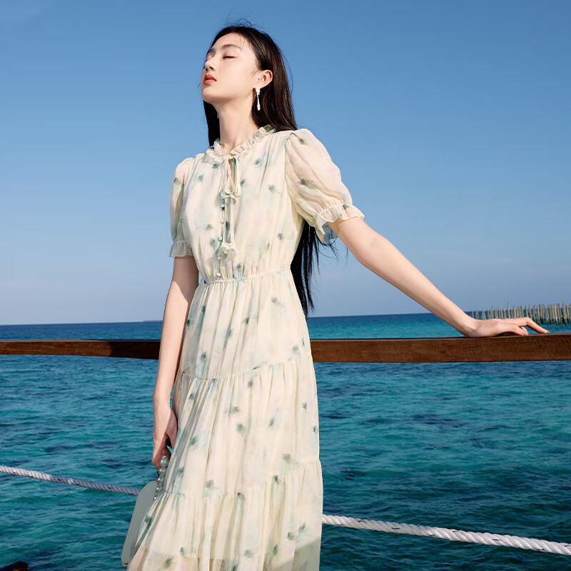 香影綠色碎花連衣裙女2025夏季新款海邊度假風(fēng)沙灘印花收腰雪紡裙 綠色 S _155_80A_85-95斤_裙長(cháng)10
