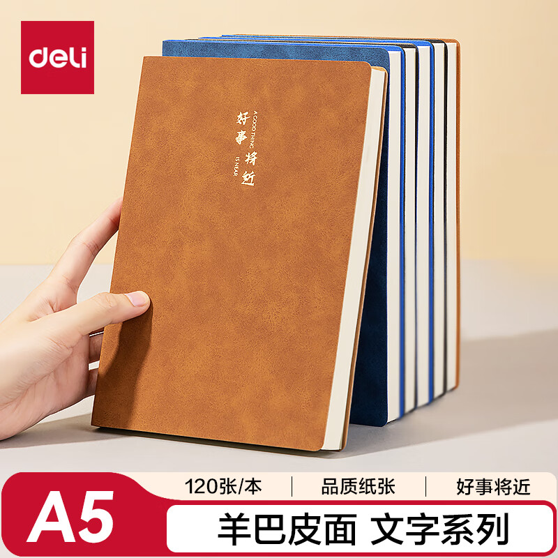 得力（deli）皮面本笔记本记事本会议记录本羊巴皮加厚A5/120张单本BP103棕色（好事将近）