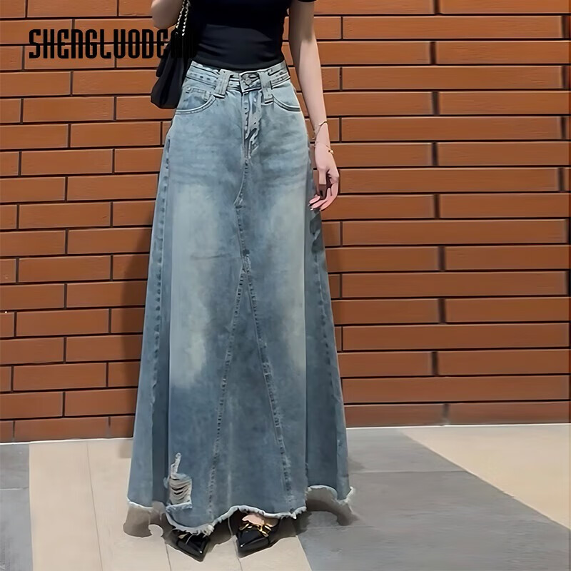 圣羅地奧復(fù)古校園水洗牛仔裙水洗破洞毛邊牛仔半身裙女春夏新款高腰a字長(zhǎng) 淺藍(lán)色 S