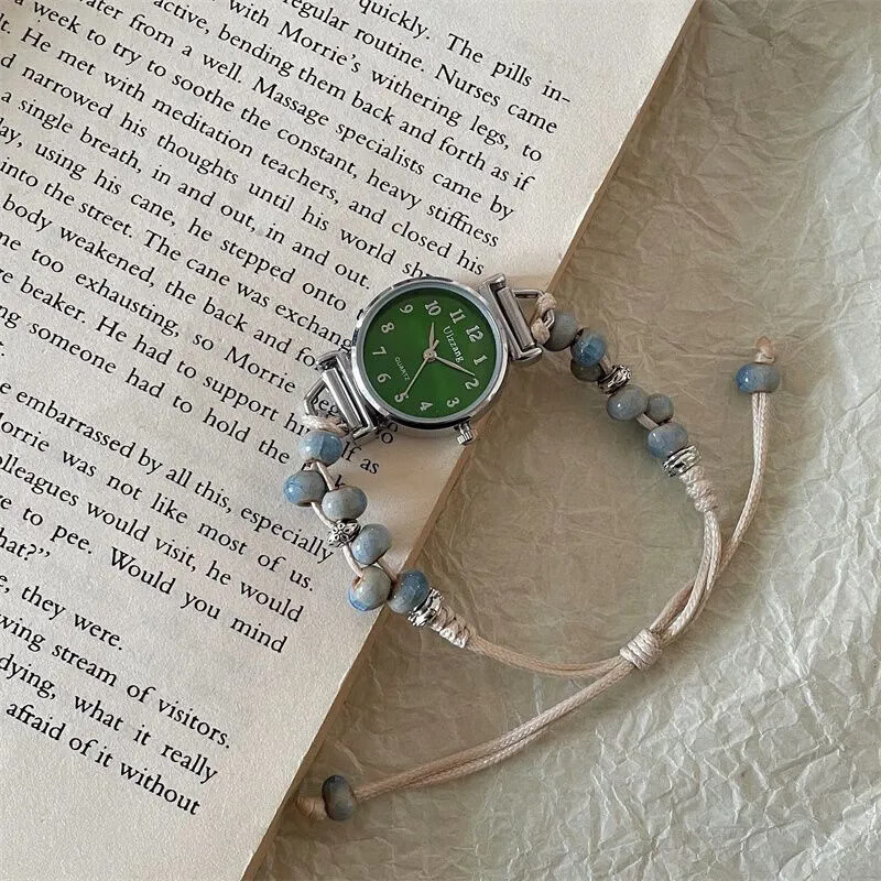 Ulzzang中国风编织带手链手表少女生ins小众高颜值中学生森系显白小表盘 绿盘+精美首饰盒子+备用电池 25mm