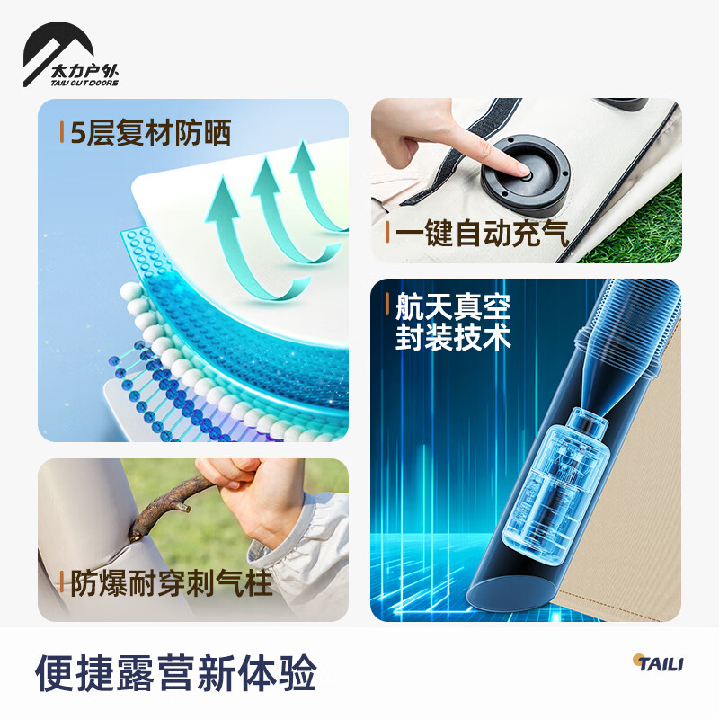 太力户外自动充气帐篷户外露营装备3-4人拾光5.29便携式野营防雨过夜防寒 5.29㎡【2-4人自动充气款】+双人床