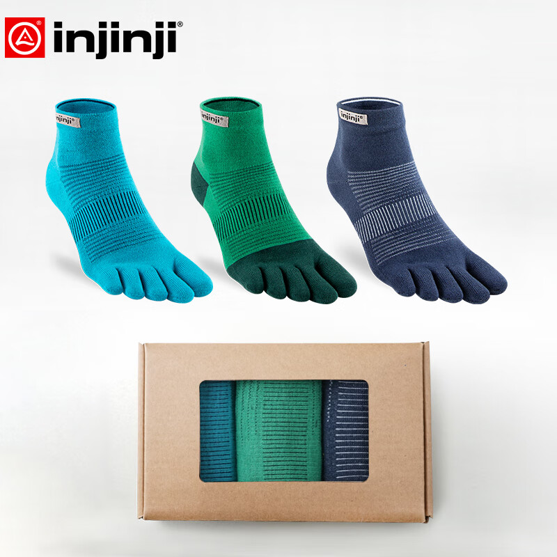 injinji五指襪三雙中筒薄款專業(yè)馬拉松跑步襪coolmax運(yùn)動速干腳趾襪子 中?。禾窖?蕨綠+海軍藍(lán) S