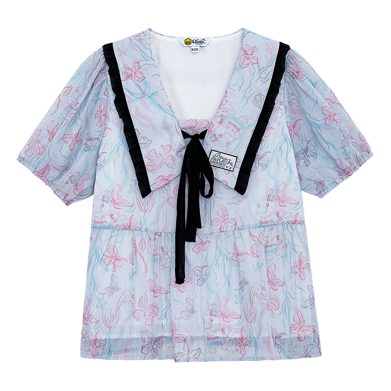 B.Duck小黃鴨套裝女2025夏季新款印花翻領(lǐng)雪紡小衫半身裙（套裝單賣） 粉藍(lán)色（短袖小衫） S
