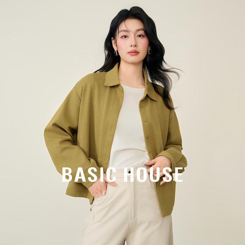 Basic House/百家好复古文艺翻领衬衫女春季新款纯色长袖衬衣外套 黄色 M