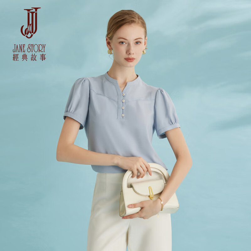 經(jīng)典故事（JANE STORY）經(jīng)典故事高端泡泡袖襯衫女2025新款夏季小立領(lǐng)雪紡襯衣薄款上衣 淺藍(lán)色 2XL