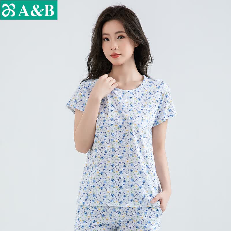 AB母亲节纯棉女中老年夏薄款家居服妈妈上衣宽松大码印花短袖汗衫 蓝雅【上衣】 3XL 京东折扣/优惠券