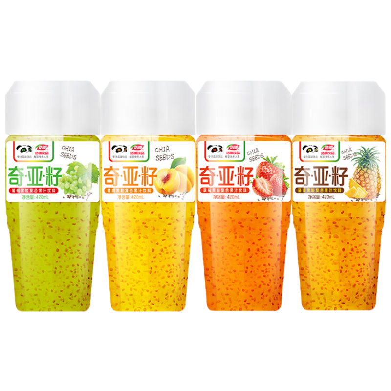 浩明奇亞籽果汁果粒飲料草莓黃桃葡萄菠蘿四種口味8瓶整箱裝420ml*8