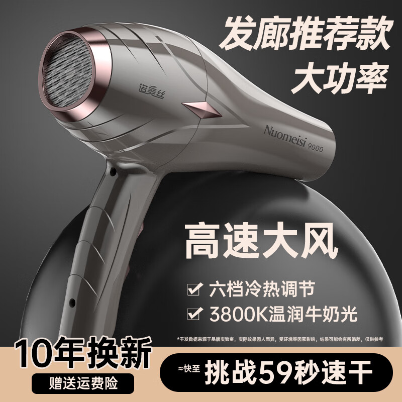 诺美丝吹风机家用负离子大功率不伤发电吹风发廊理发店专用吹风筒速干 旗舰版纯铜AC电机 灰【家用】