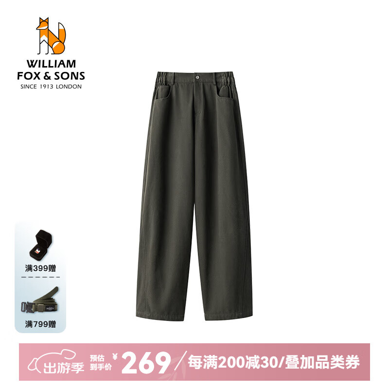 William fox&sons男裝復(fù)古帆布復(fù)合抓絨面料寬松直筒潮流立體斜裁松緊腰保暖休閑褲 灰綠色 M