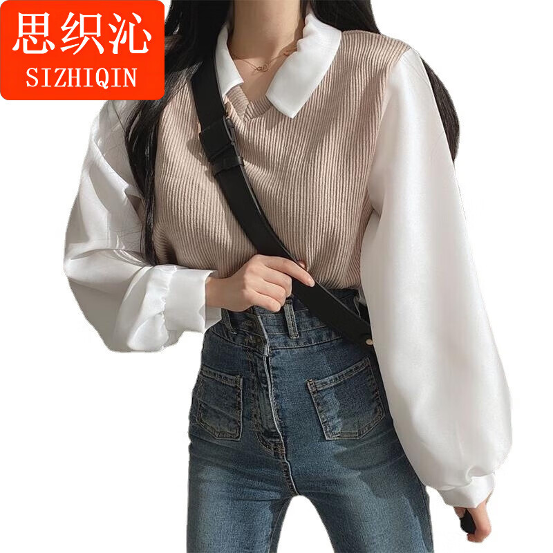 思织沁长袖T恤条纹假两件POLO领复古拼接螺纹卫衣女宽松高街翻领上衣 杏色 M