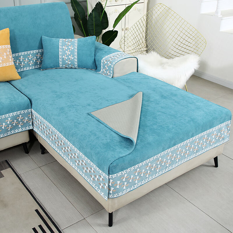 眷耐沙发垫四季通用防滑2026年新款雪尼尔坐贵妃一体开叉靠背通铺整张 相知橘黄-(雪尼尔) 130*180cm一面花边贵妃专用