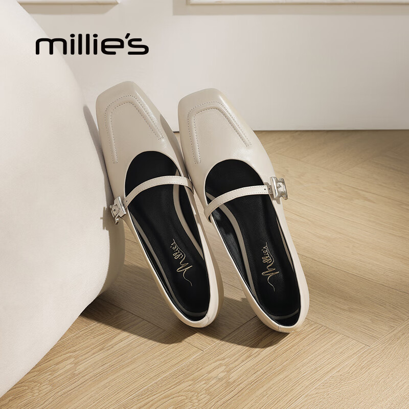 妙丽玛丽珍鞋女低跟真皮浅口时尚百搭2025夏季新款百搭通勤单鞋 米白 37 (235mm) 标准码